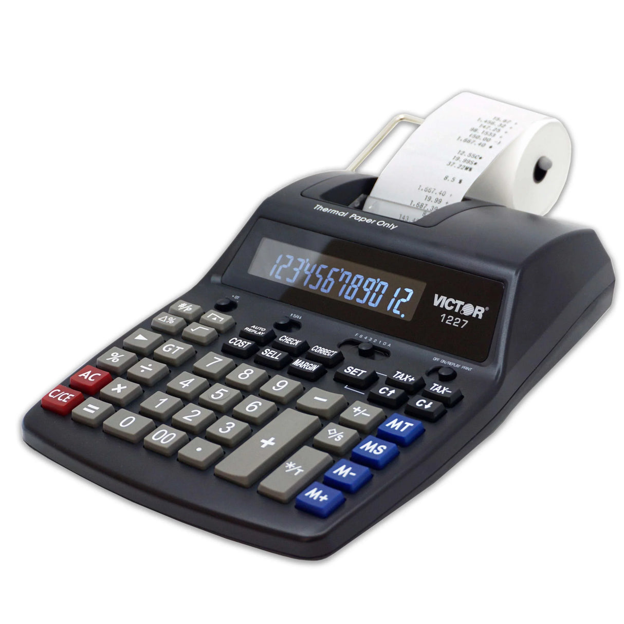 Desktop printing calculator with paper roll, large keypad, and digital display for office use