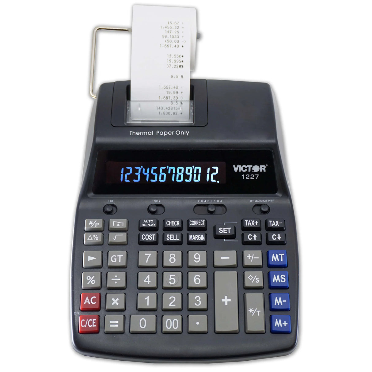 Printing calculator with large keypad, digital display, and paper roll for office use