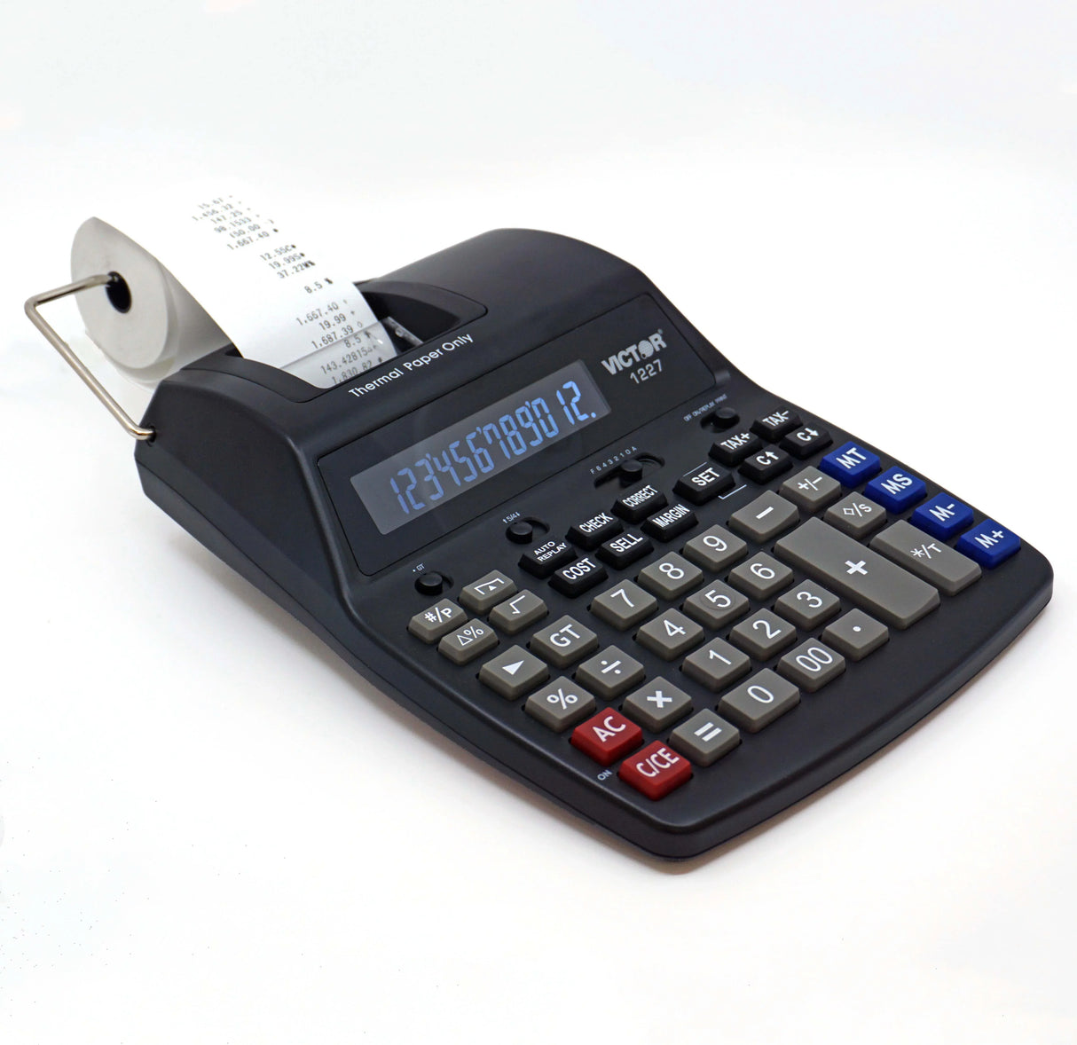 Desktop printing calculator with paper roll, large buttons and digital display on white background