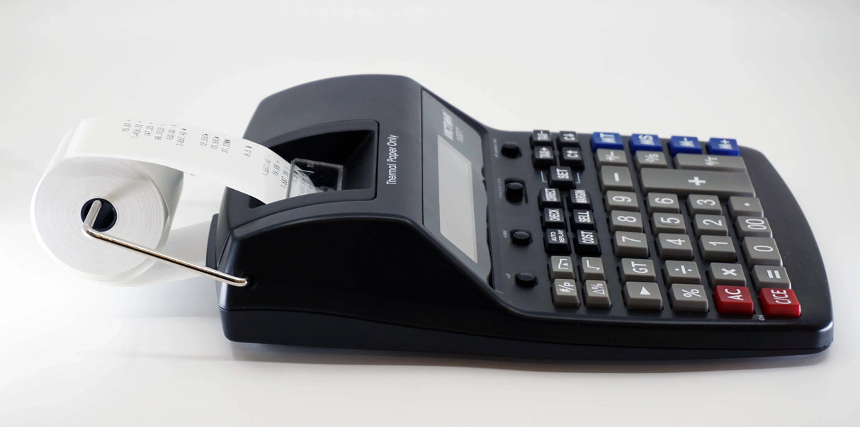 Side view of office printing calculator with paper roll, large keypad, and thermal paper feed