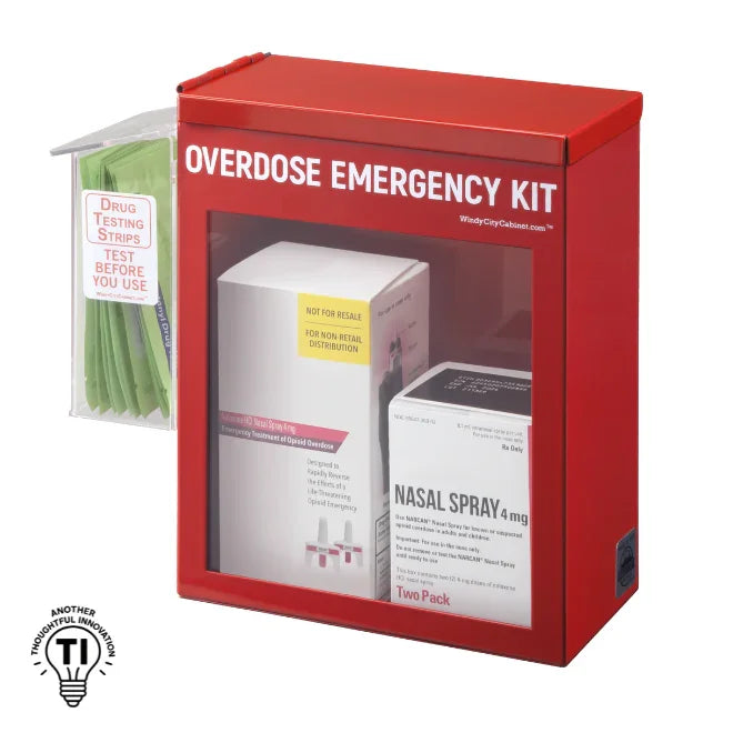 Red overdose emergency kit cabinet with nasal spray and drug testing strips visible