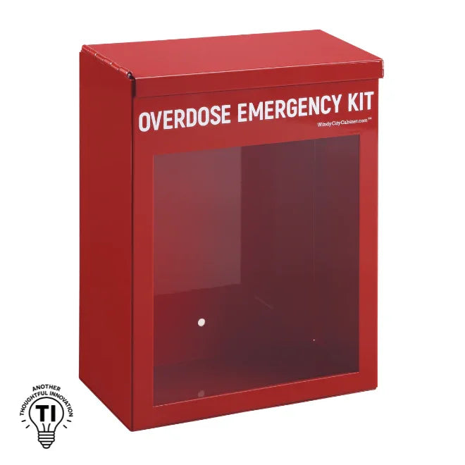 Red overdose emergency kit metal cabinet with clear front for safety supplies