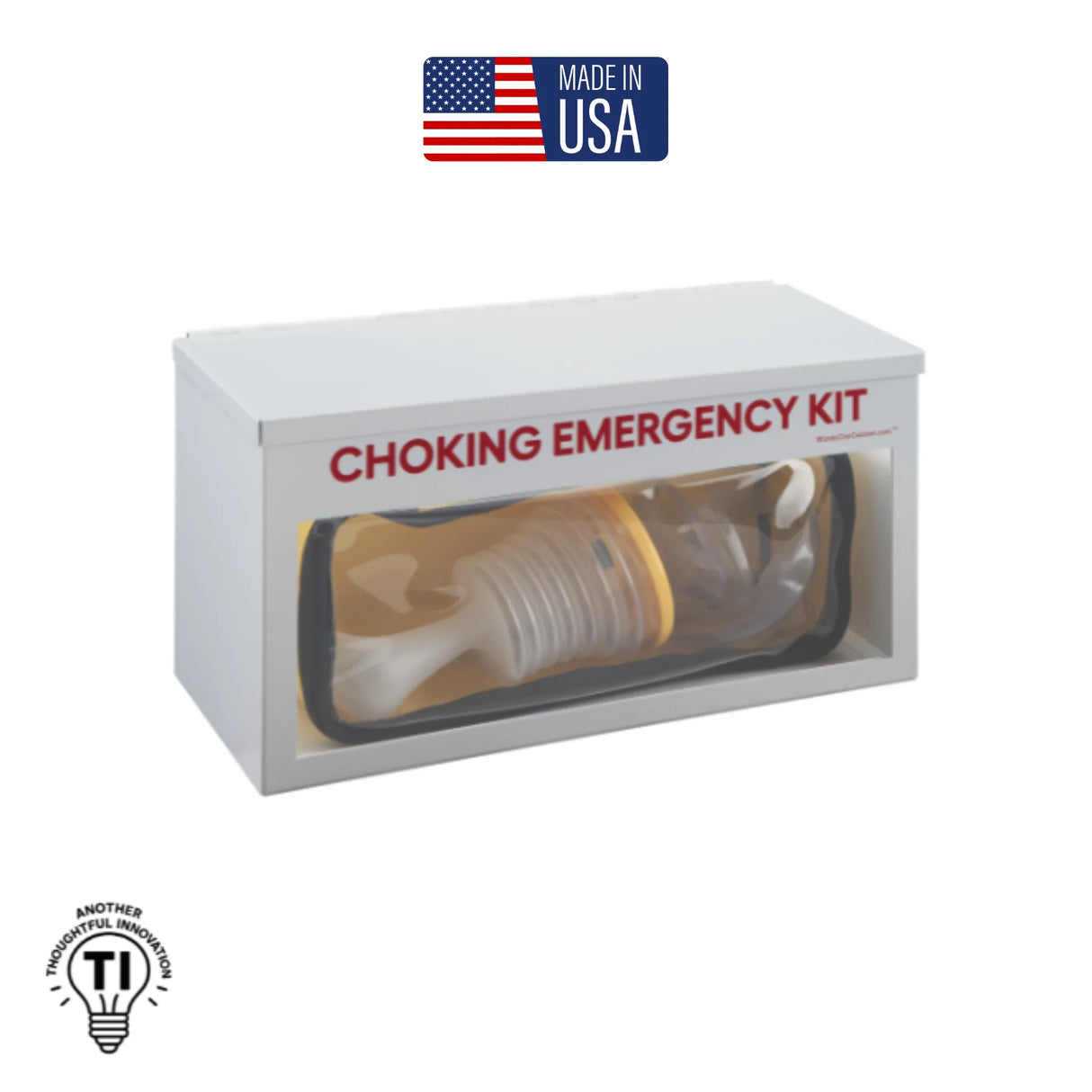 Choking emergency kit in clear wall-mounted box, labeled, with Made in USA badge