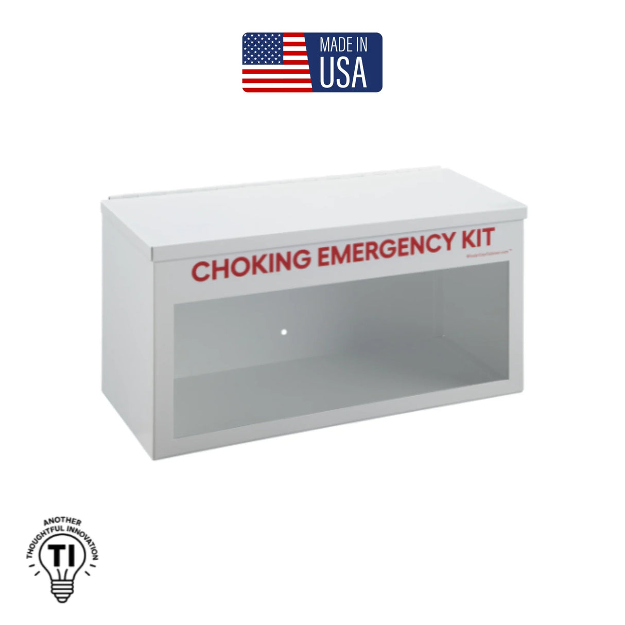 Wall-mounted choking emergency kit box with clear front panel, made in USA