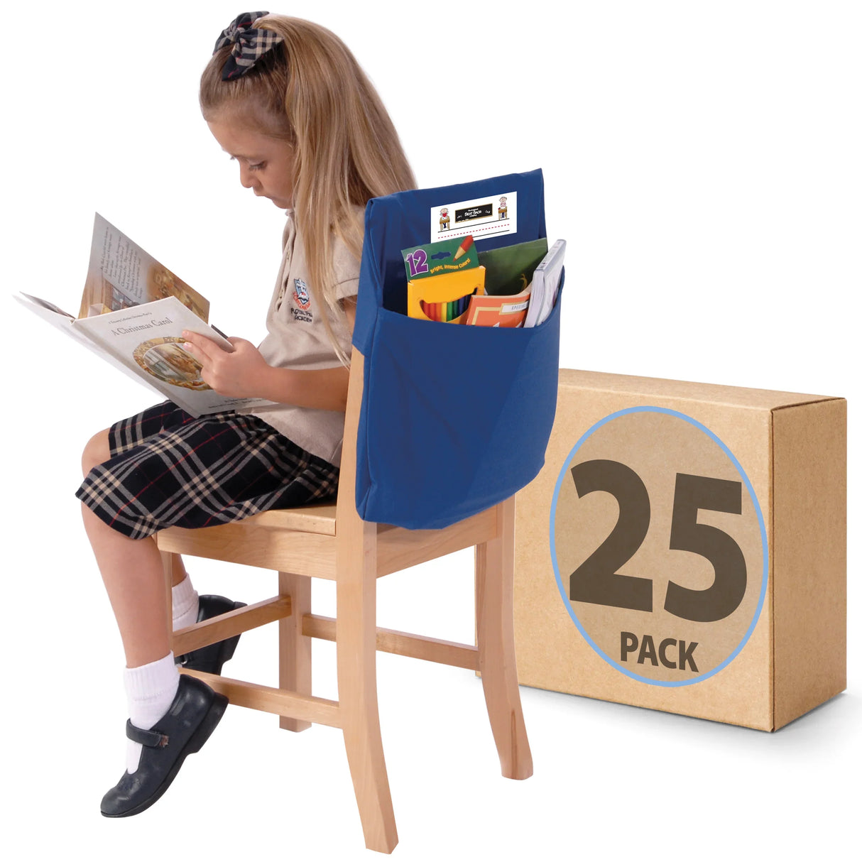 Young girl reading on wooden chair with blue seat sack filled with school supplies, 25 pack box