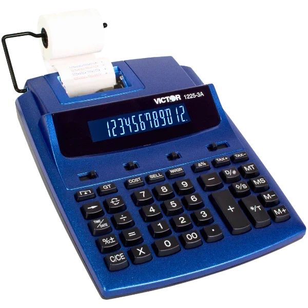 A blue Victor 1225-3A desktop calculator with a built-in receipt printer, shown on a clean white background.