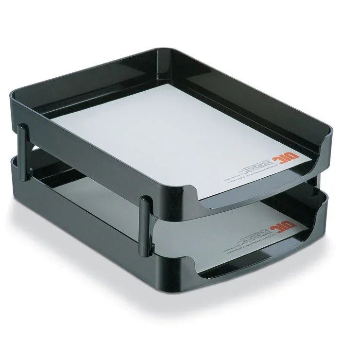 Black two-tier document tray for office organization and workspace efficiency