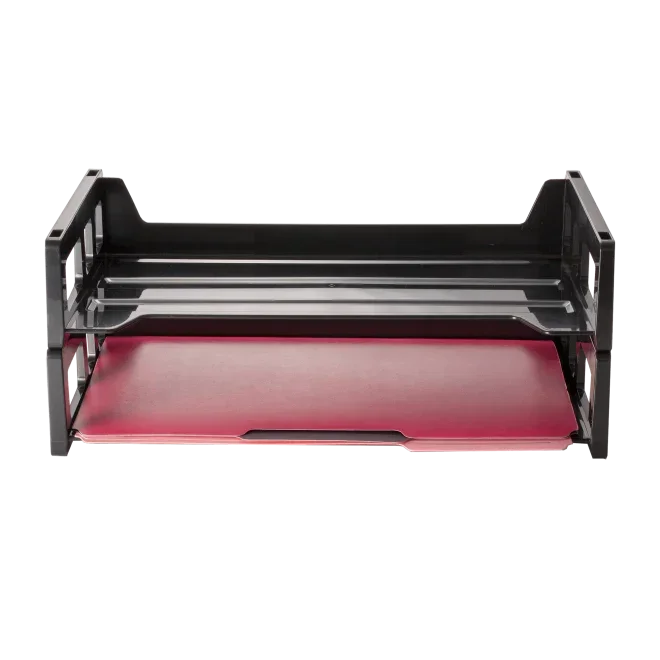 Black and red desk organizer with dual-tier design for office supplies storage