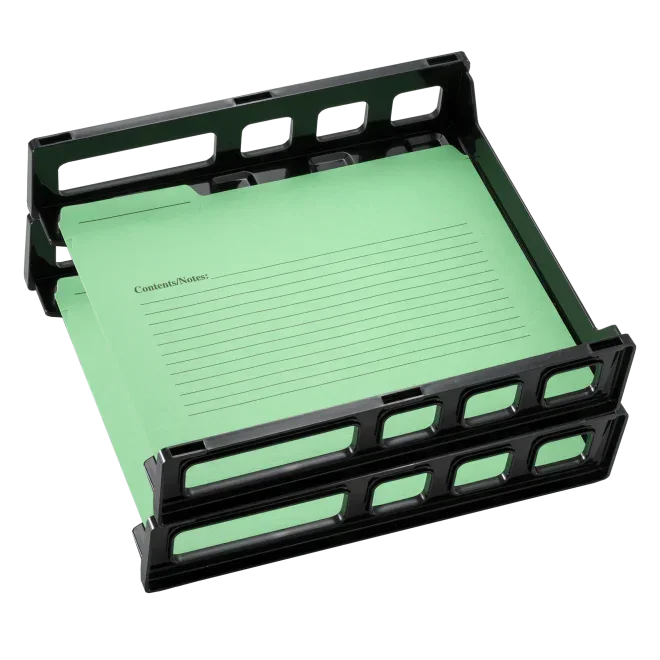 Black plastic document tray holding green lined folder for office organization
