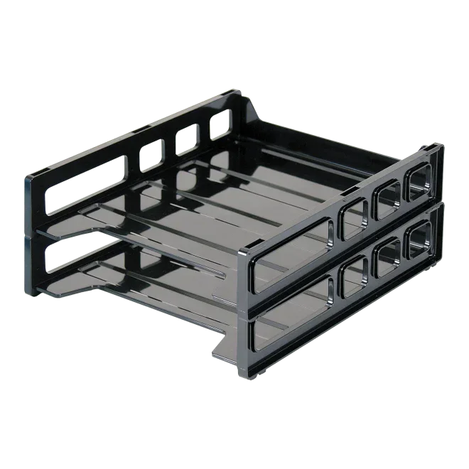 Black plastic two-tier desk organizer with slatted design for office or school workspace efficiency