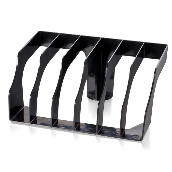 Black plastic desktop file sorter with five slots for organizing documents