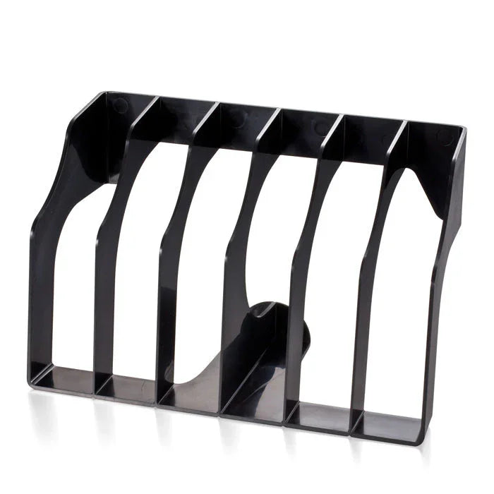 Black desktop file sorter with six vertical slots for organizing papers and folders
