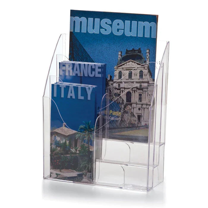 Clear two-way literature holder displaying travel brochures and flyers