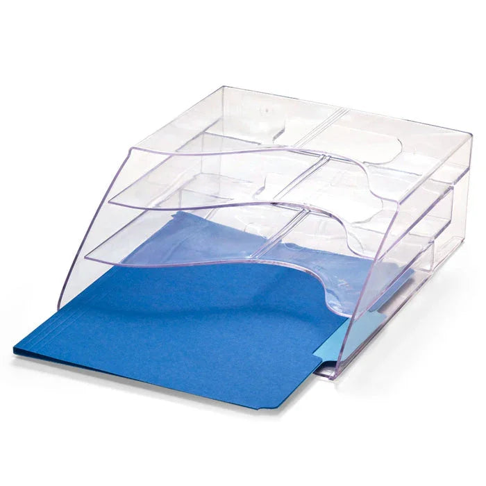 Clear acrylic 2-way literature holder with three tiers, organizing blue file folders.