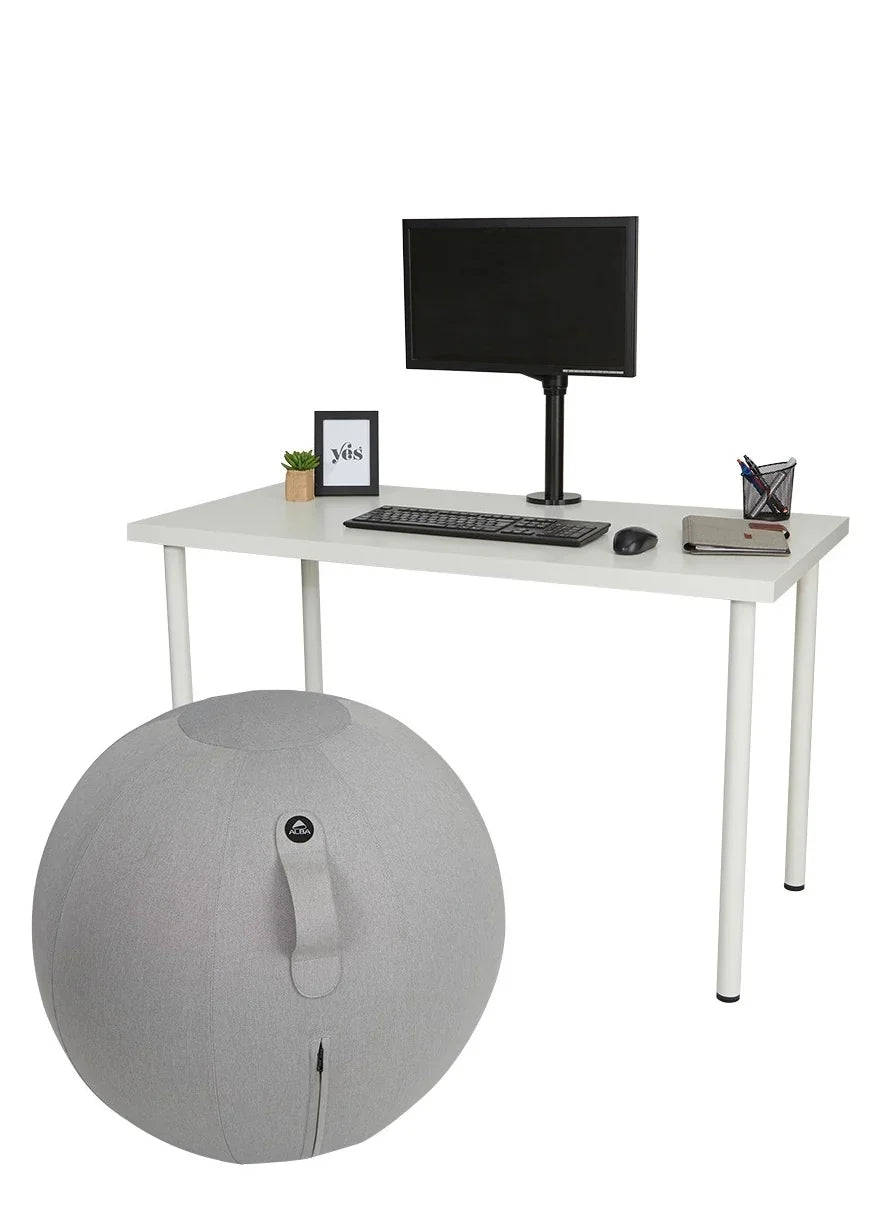 Alba MoveHop Ergonomic Seat Ball in grey under a white office desk with a monitor and keyboard