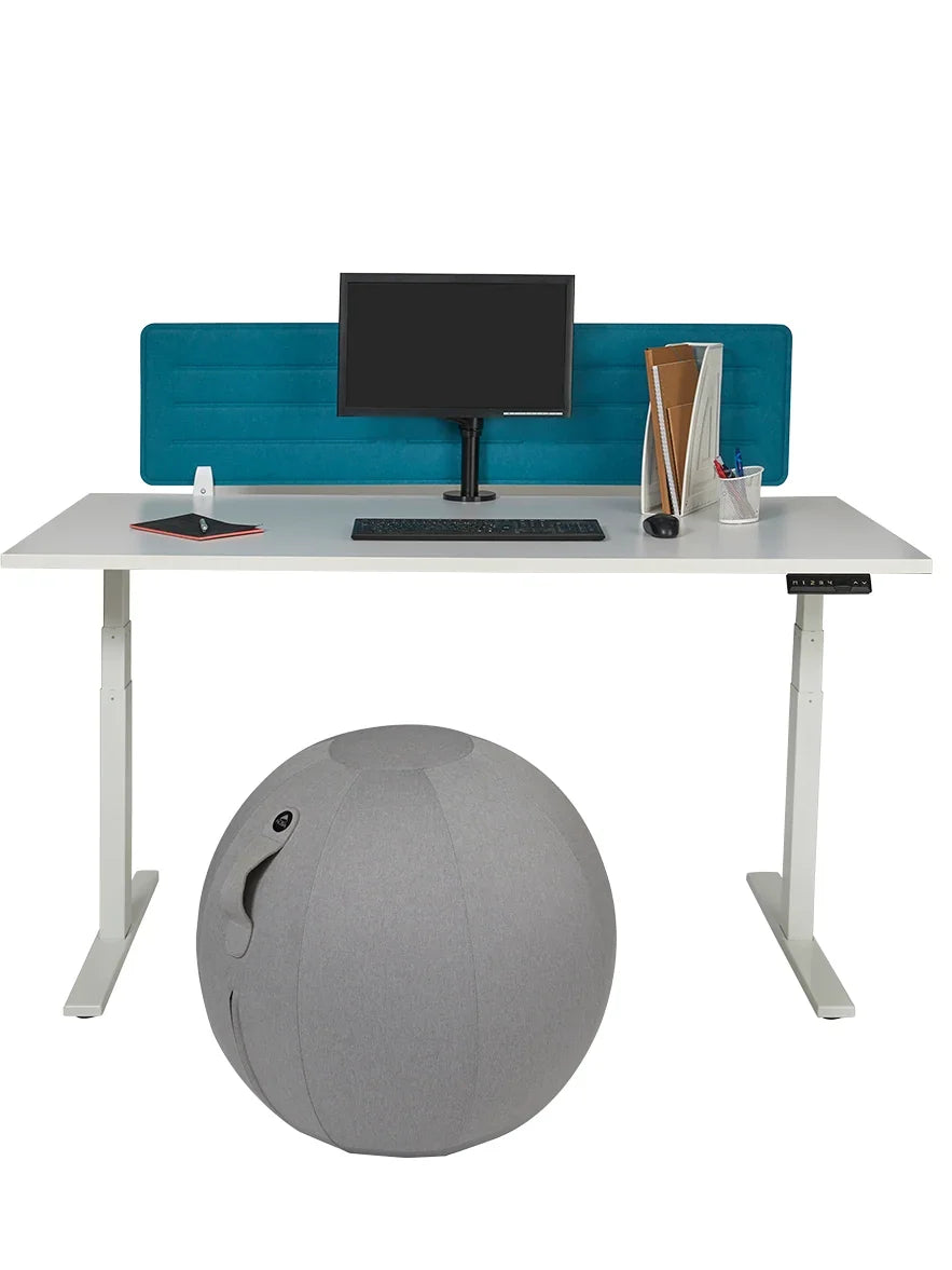 Alba MoveHop Ergonomic Seat Ball in grey under a white standing desk with computer monitor.