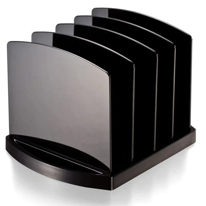 Black desktop file sorter with four vertical slots for organizing documents