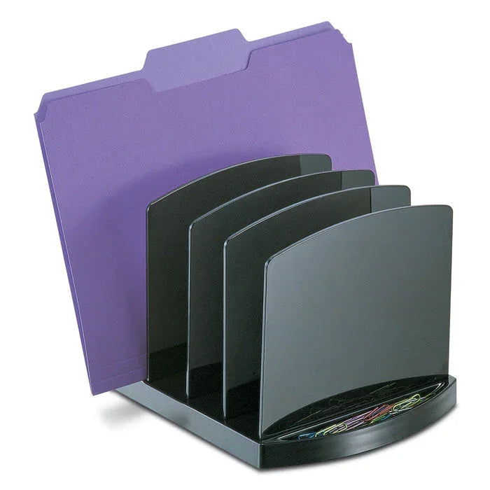 Black desktop file sorter with purple file folder and paper clips, office organizer