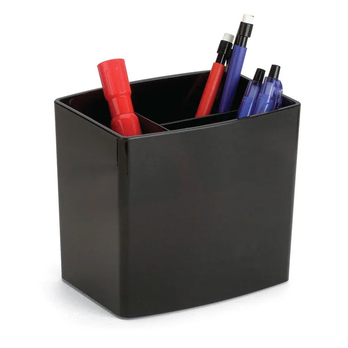Black pencil cup organizer holding pens and markers, ideal for office or desk organization