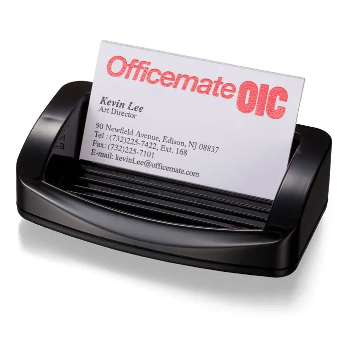 Black Officemate business card holder displaying a name card, ideal for office organization and workspace efficiency.