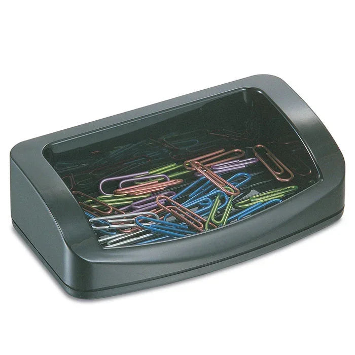Black desktop organizer with colorful paper clips for office or school workspace