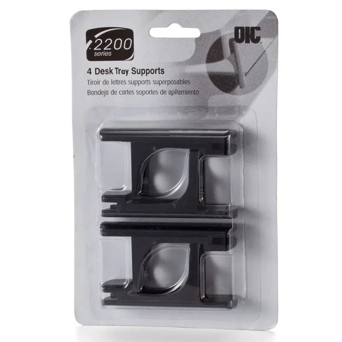 Pack of 4 black desk tray supports for office desktop organizers in clear blister packaging.