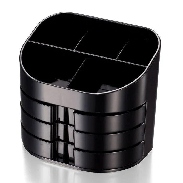 Black desktop supply organizer with multiple compartments and drawers for office storage