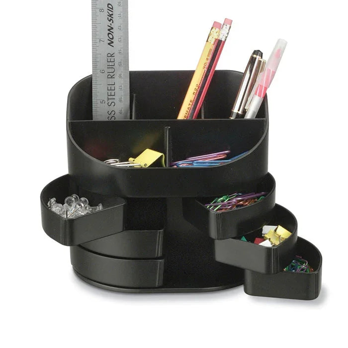 Black desktop supply organizer holding pencils, pens, ruler, binder clips and paper clips