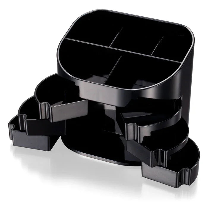 Black desktop supply organizer with multiple compartments and pull-out curved drawers