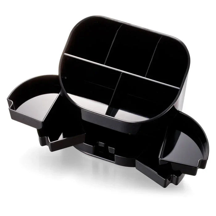 Black desktop supply organizer with multiple compartments and side drawers open