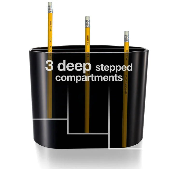 Black desktop supply organizer with 3 deep stepped compartments holding pencils