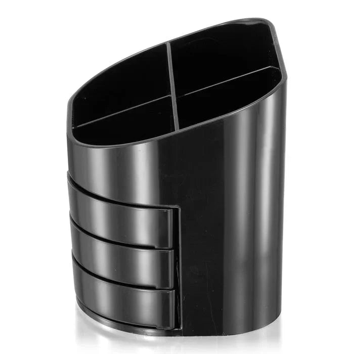 Black desktop supply organizer with four compartments and three side drawers for office use