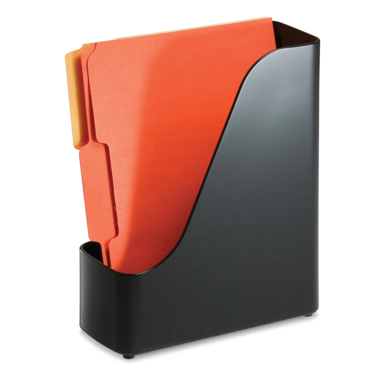 Black magazine file holder with orange file folders for office organization