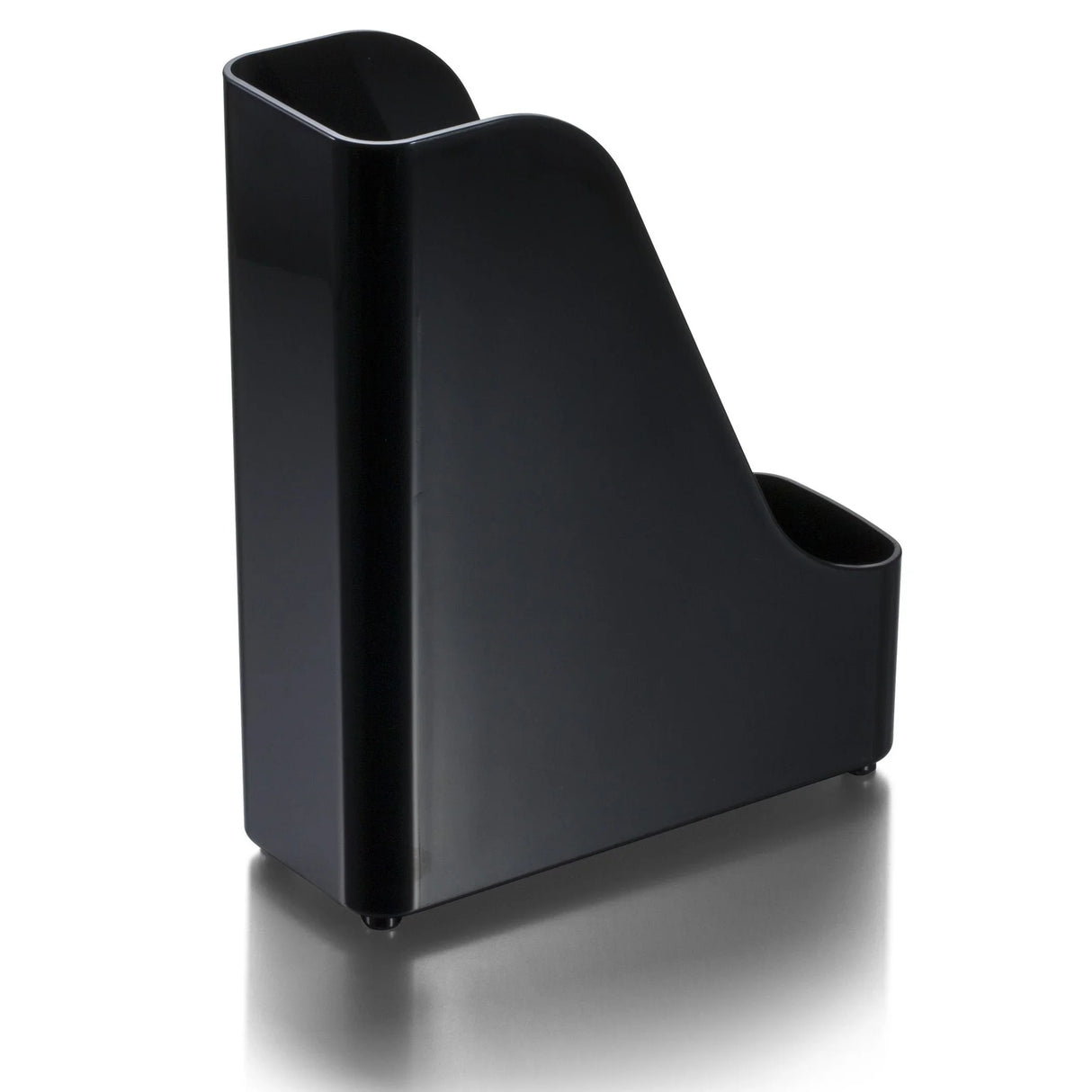 Black magazine file holder for office document organization on white background