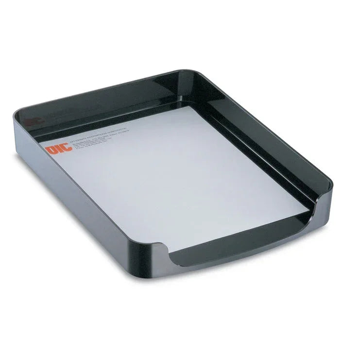 Black plastic desk tray with paper insert, ideal for office organization and workspace efficiency.