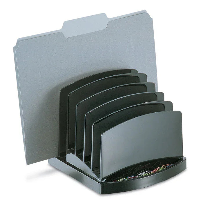 Black incline file sorter organizer with dividers, storing folders and paper clips