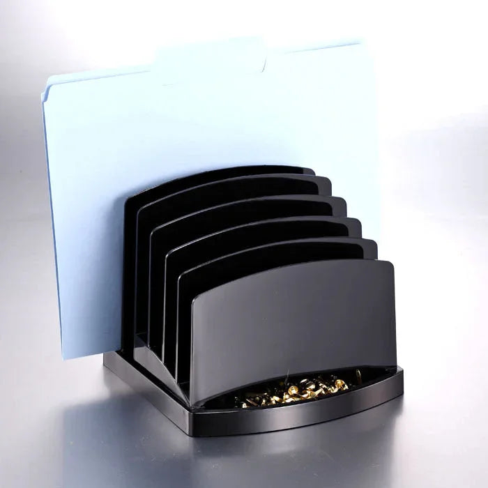 Black incline file sorter organizer holding blue file folders on desk with accessory tray