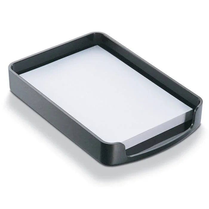 Black plastic memo tray holding white note paper, ideal for office desk organization