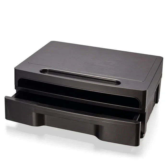 Black monitor stand with storage drawer and document slot for desktop organization