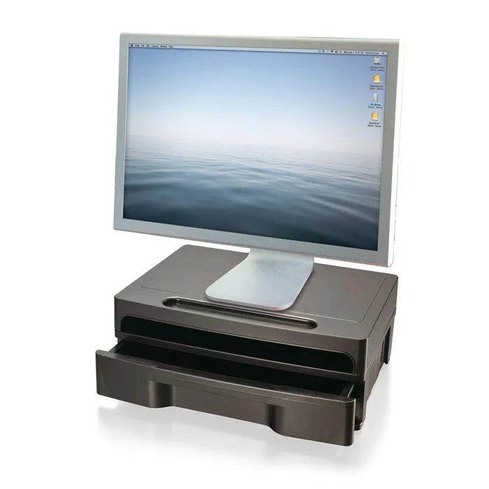 Monitor stand with storage drawer for desk organization and ergonomic computer setup
