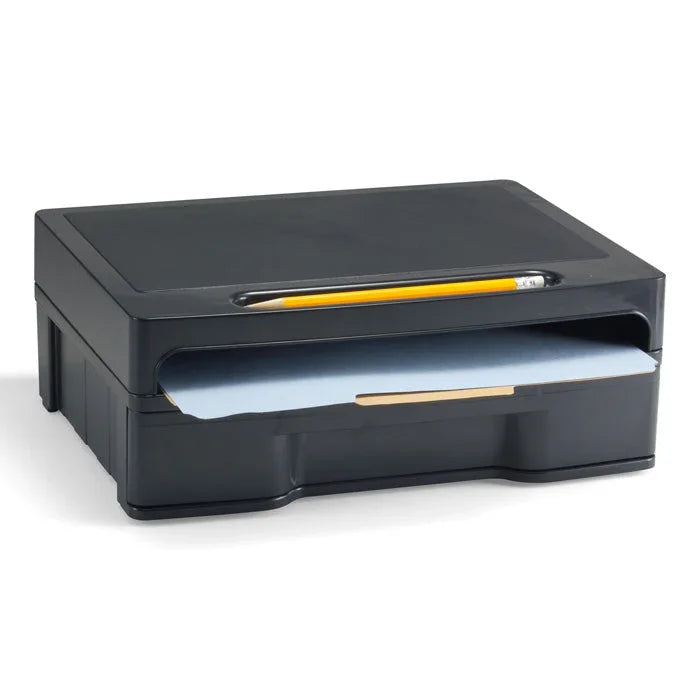 Black monitor stand with pencil holder and paper storage slot for organized office desk