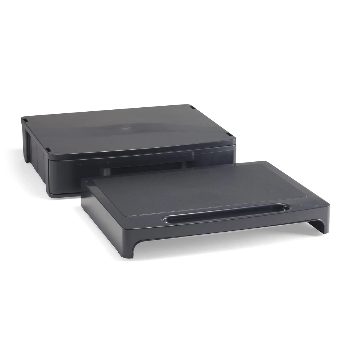Black adjustable monitor stand with stackable riser for desktop workspace organization