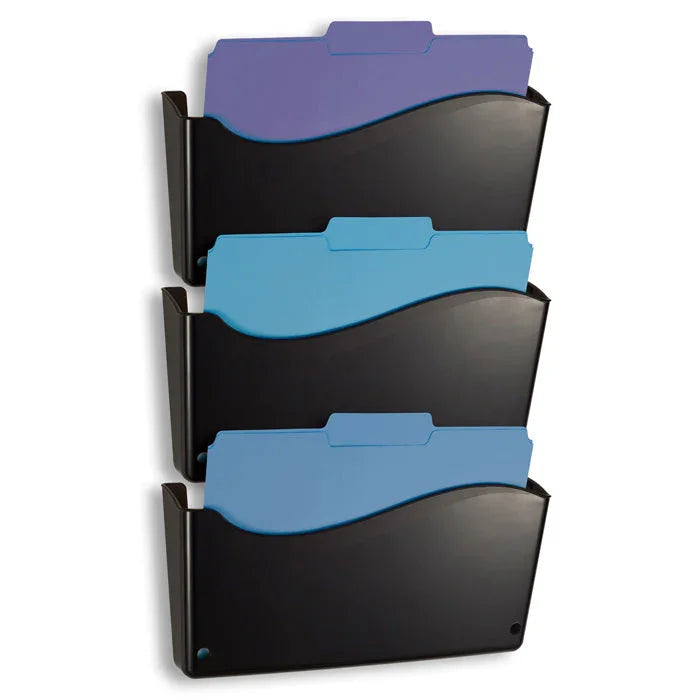 Three-tier black wall file organizer with colorful file folders for office or school use