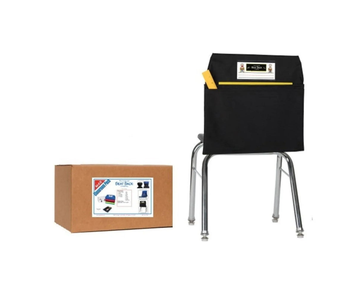 Black double pocket seat sack organizer on chair with storage box, classroom supply