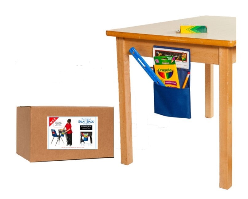 Classroom desk with blue storage pocket holding school supplies, next to a box of seat sacks.