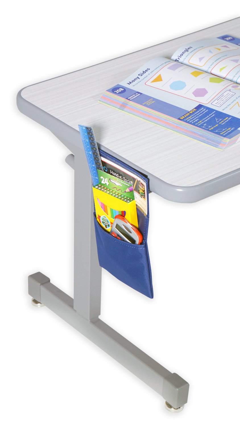 Classroom desk with blue side pocket organizer holding school supplies and books