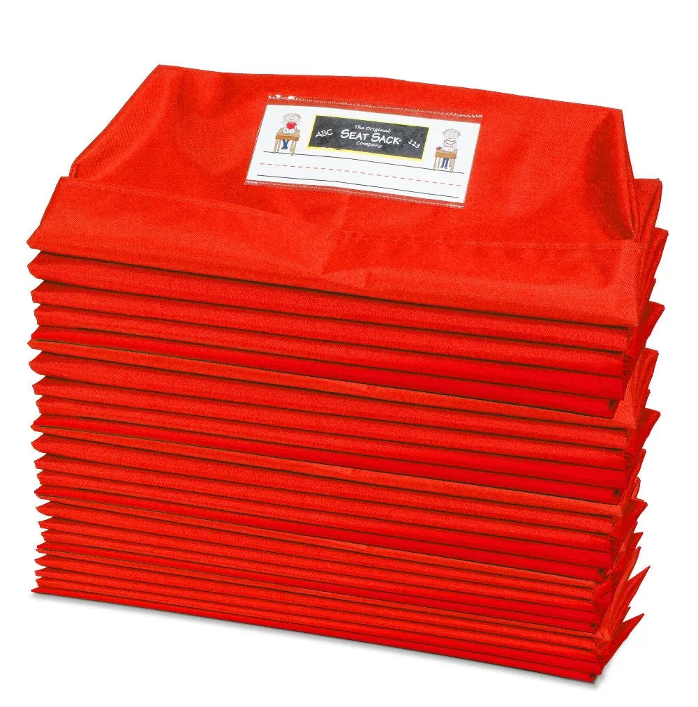 Stack of 25 red single pocket seat sacks for classroom chair storage and organization