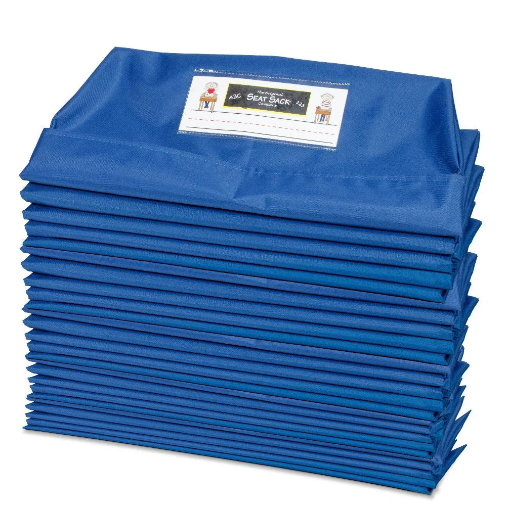 Stack of 25 blue single pocket Seat Sack chair organizers for classroom storage