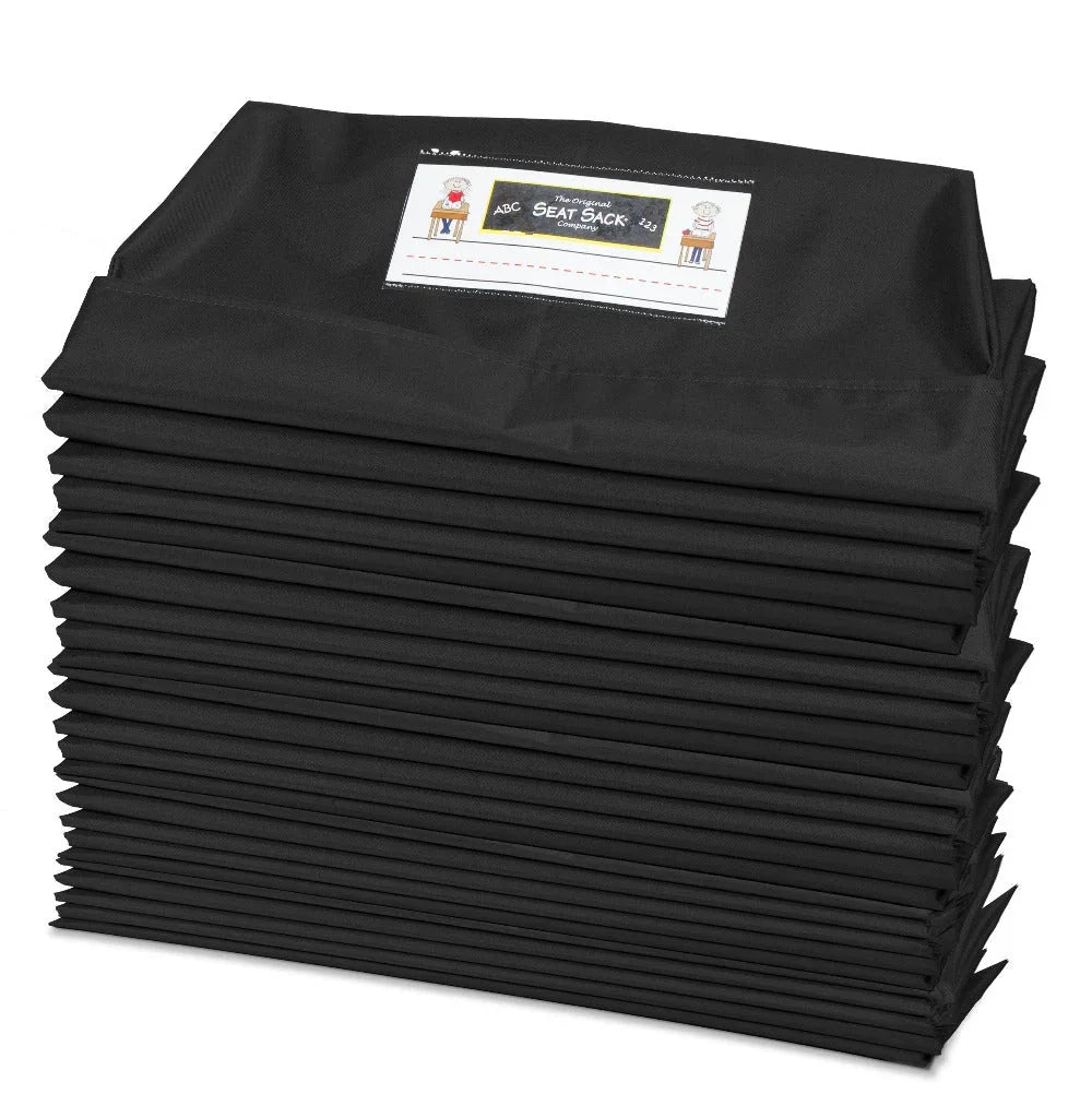 Stack of 25 black single pocket Seat Sack chair organizers for classroom storage