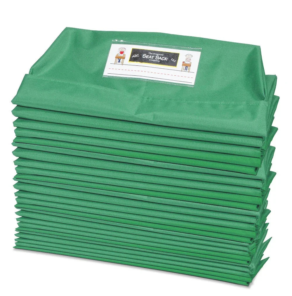 Stack of green single pocket seat sacks for classroom chair storage, 25 pack